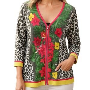 Gelco European Juicy Jungle Floral Long Sleeve Full Zip Knit Cardigan Sz XL NWT